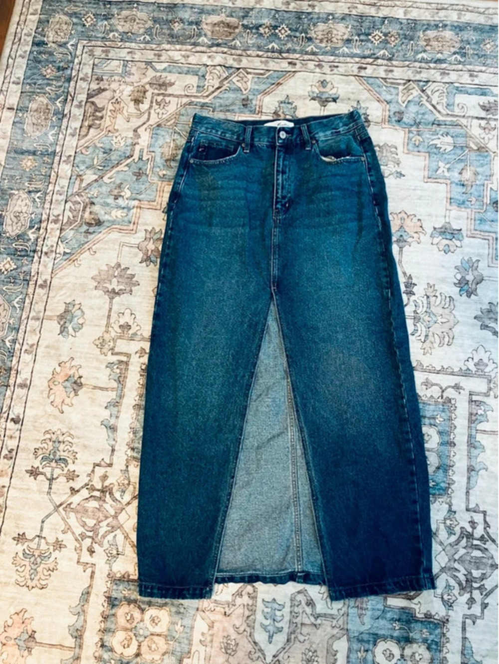 KanCan Womens L Denim Maxi Skirt Dark Wash Front Slit High Waist Long Jean